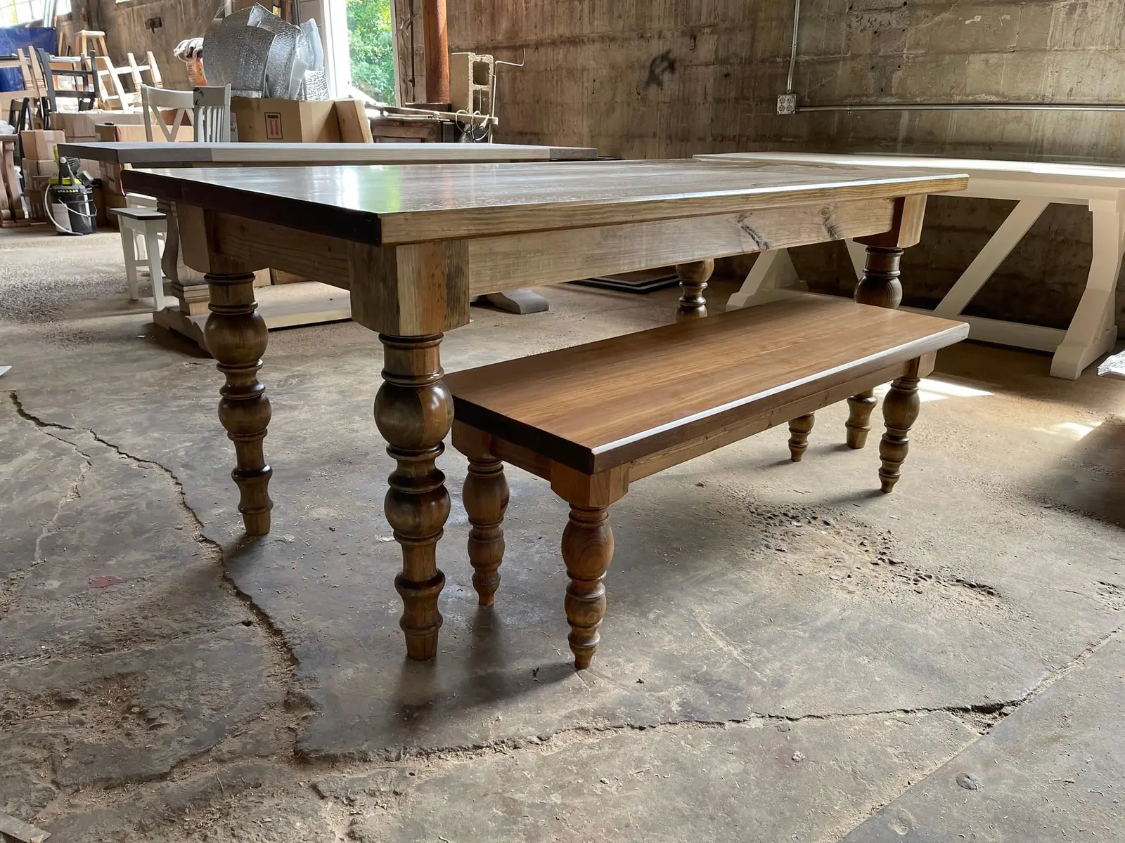 A finished table and bench in the Wolfe City shop